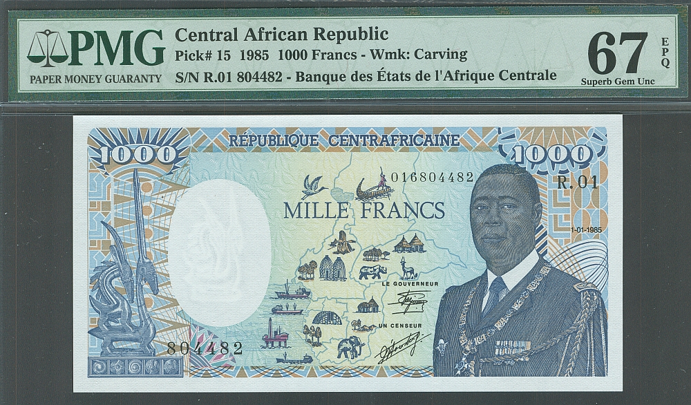 Central African Republic, P-15, 1985, 1,000 Francs, R.01 804482, Superb GemCU, PMG67-EPQ